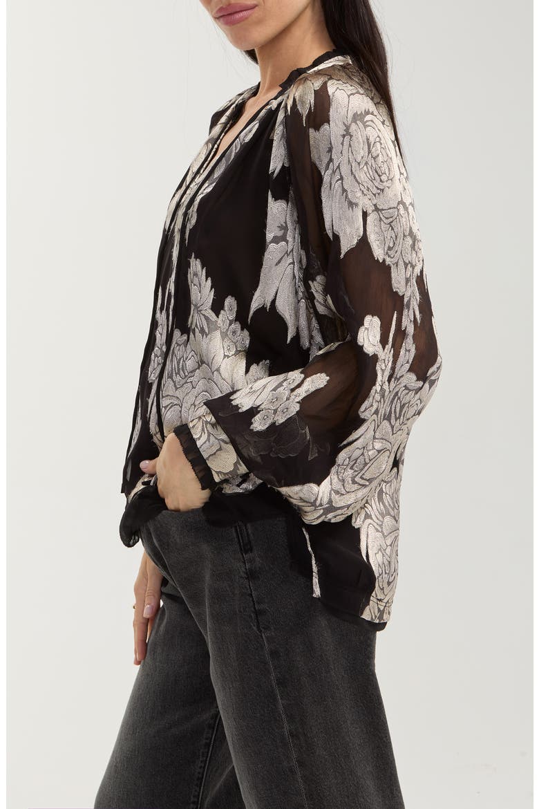 Floral Jacquard Chiffon Split Neck Top, Alternate, color, BLACK MULTI