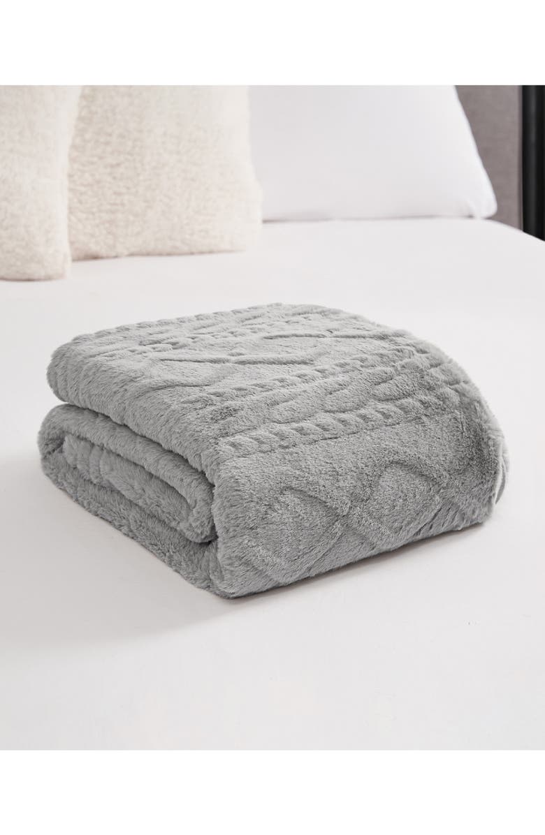 Lucky Brand Cable Knit Faux Fur Throw, Alternate, color, Gray