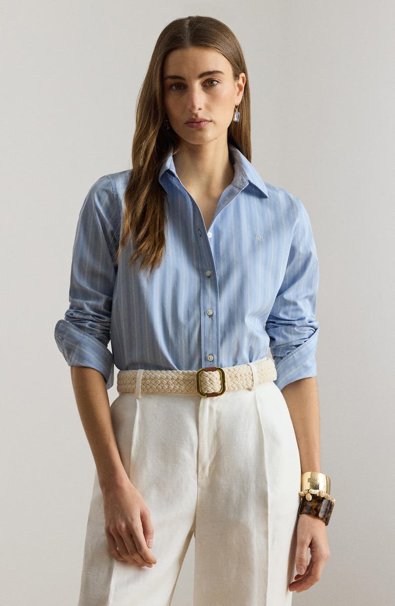 Lauren Ralph Lauren Stripe Cotton Broadcloth Button-Up Shirt, Alternate, color, Blue/ White Multi