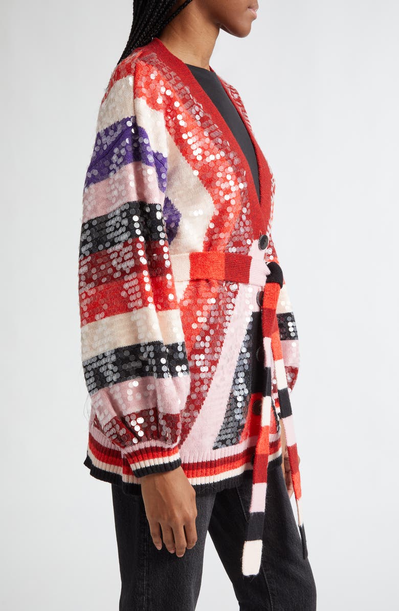 FARM Rio Colorful Stripes Sequin Belted Cardigan, Alternate, color,