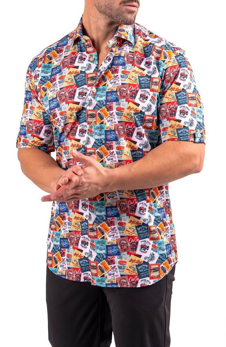 Maceoo Galileo Resistance0350 Multi Car Print Short Sleeve Button-Up Shirt, Alternate, color, Multi