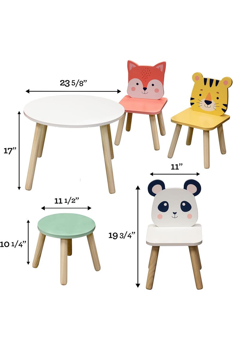 Kids Wooden Animal Table & Chair Set w 4 Seats- Tiger Panda Fox & Adult Stool, Alternate, color, None
