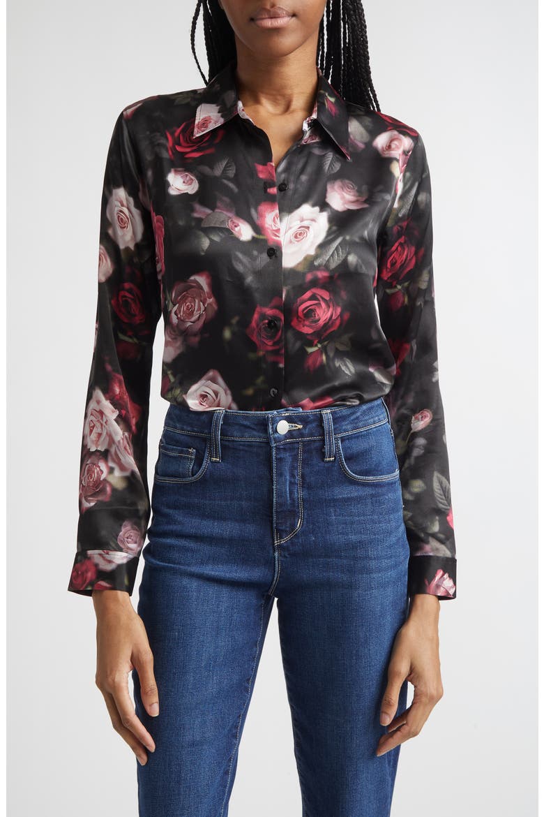Tyler Silk Button-Up Shirt, Main, color, BLACK RHODODENDRON BLURRED ROS