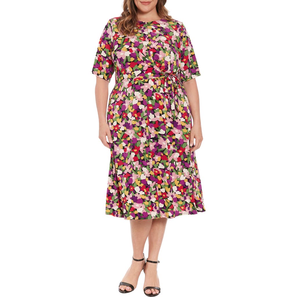 London Times Keyhole Neck Side Tie Midi Dress In Multi