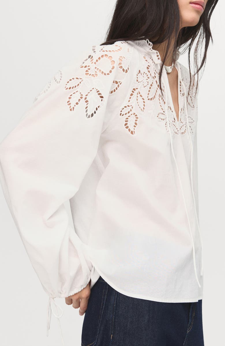 MANGO Embroidered Eyelet Tie Cuff Long Sleeve Top, Alternate, color, Ecru