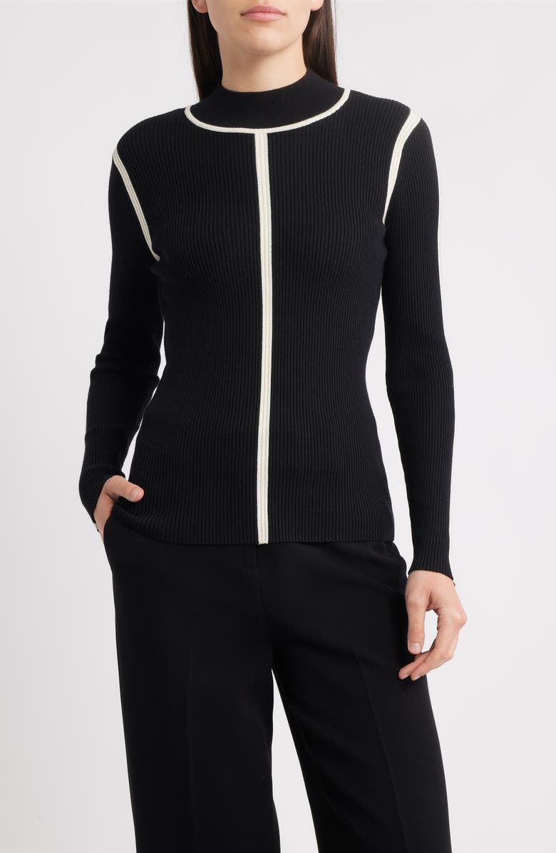 Elie Tahari The Chani Rib Mock Neck Top, Main, color, Noir / Vanilla