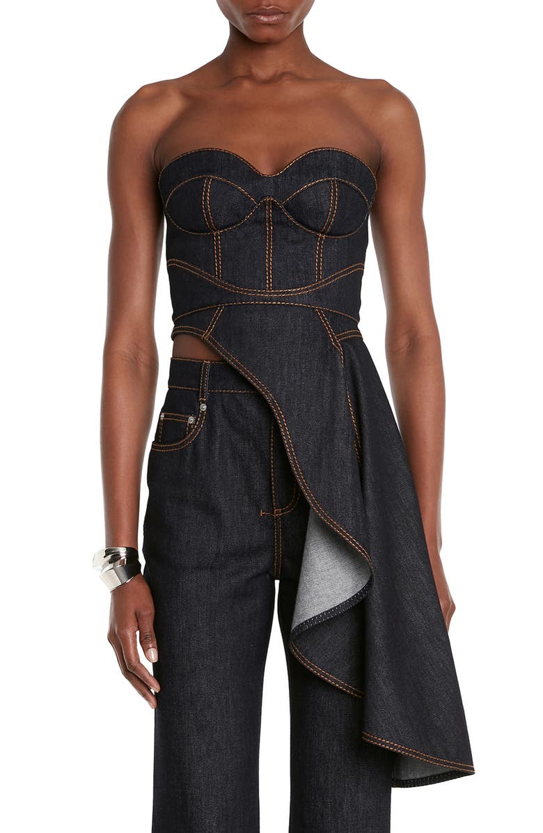 McQueen Asymmetric Drape Denim Corset Top, Main, color, 
