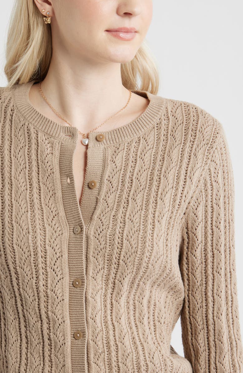 BP. Pointelle Knit Cardigan, Alternate, color, Tan Savannah