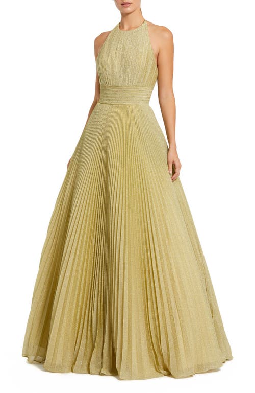 Mac Duggal Shimmering Pleated Georgette High Neck Gown In Gold