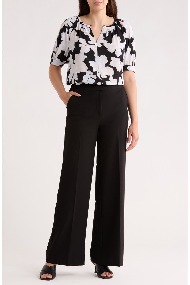 Gathered Neck Puff Sleeve Top, Main, color, BLACK- BLUE CHLOE ABSTRACT