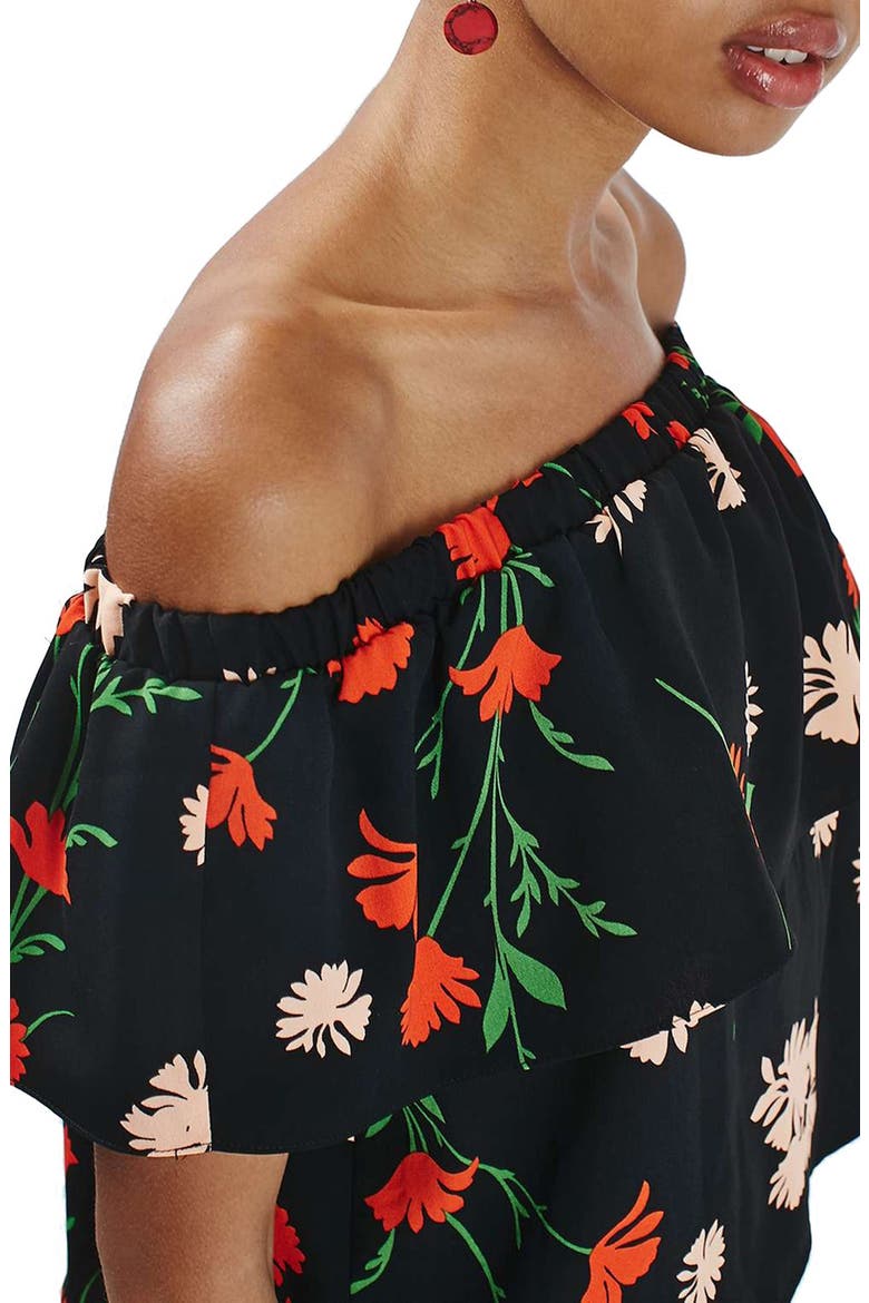 Pressed Floral Print Ruffle Bardot Top, Alternate, color, BLACK MULTI