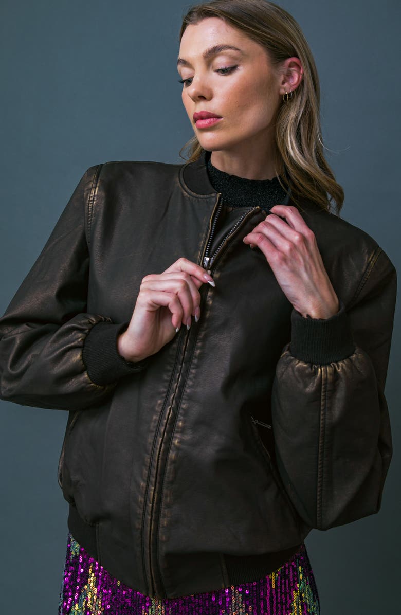 FLYING TOMATO My Greatest Joy Faux Leather Bomber Jacket, Alternate, color, Dark Brown