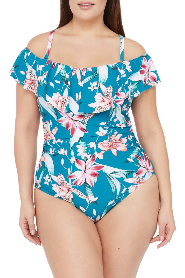 Off the Shoulder One-Piece Swimsuit, Alternate, color, CARIBBEAN CURRENT
