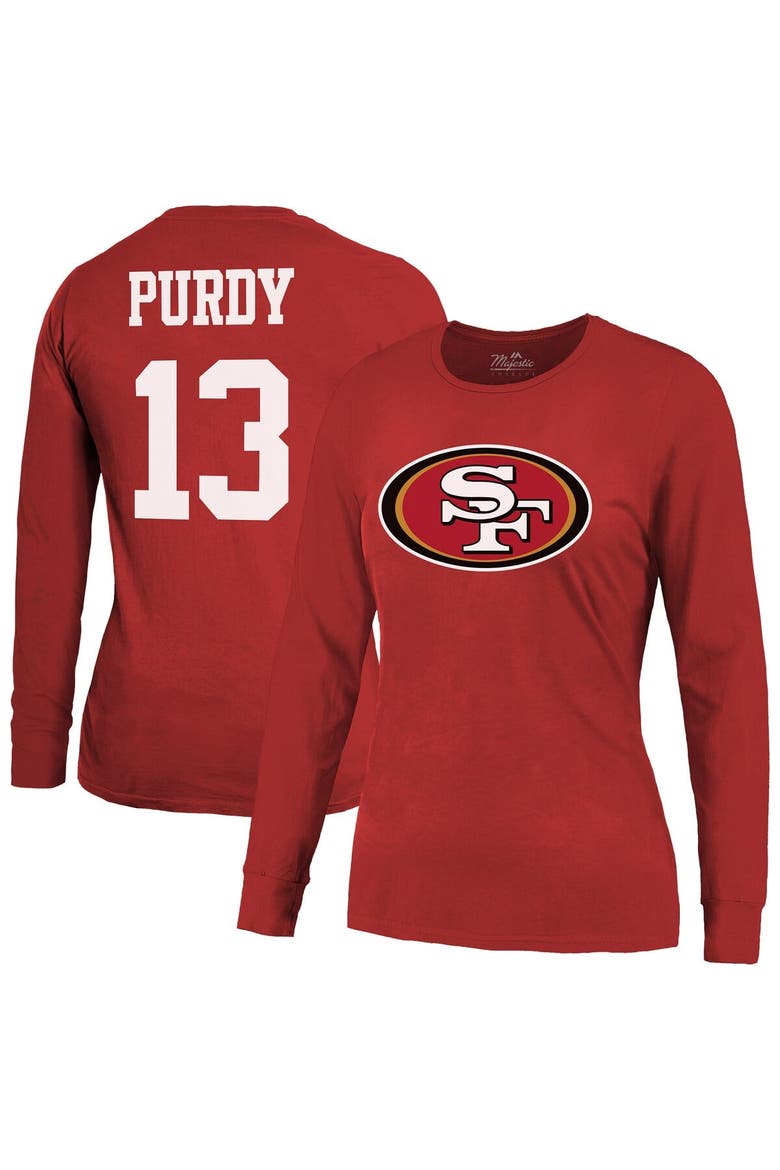 Women's Majestic Threads Brock Purdy Scarlet San Francisco 49ers Player Name & Number Long Sleeve T-Shirt, Main, color, Scarlet