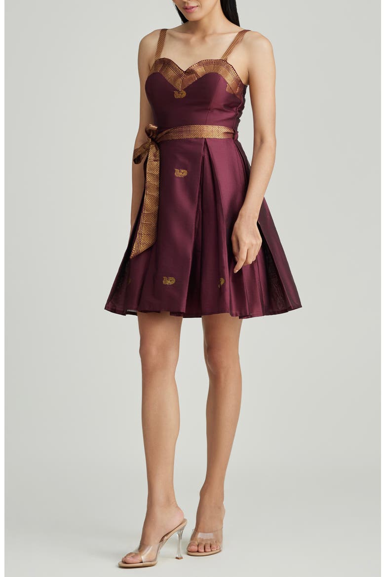 Gianna Fit & Flare Silk Dress, Alternate, color, BROWN