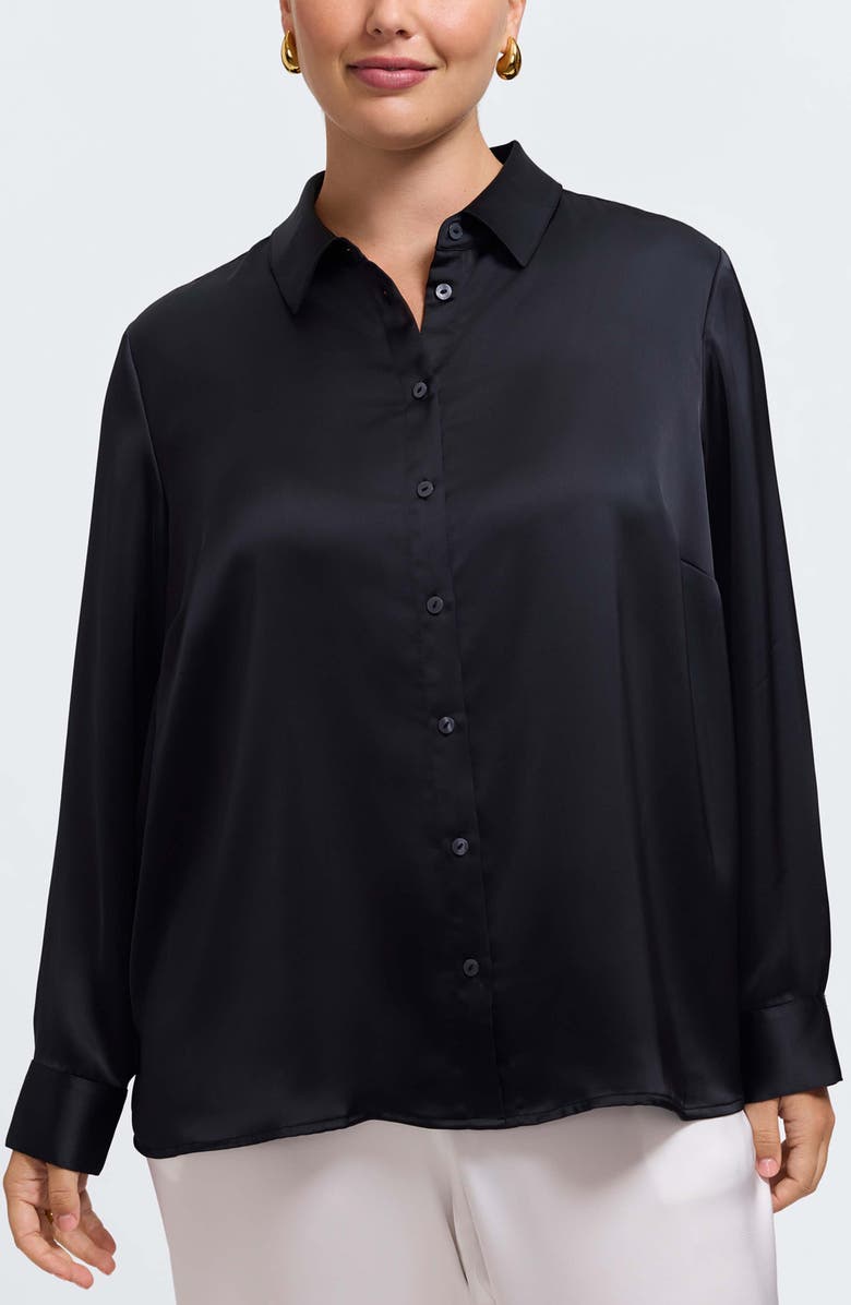Foxcroft Bianca Satin Button-Up Shirt, Main, color, Black
