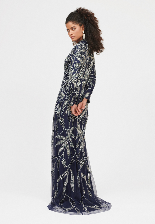 Maryisa Embellished Sequin Beaded A Line With Trail Maxi Dress In Mid Night Blue