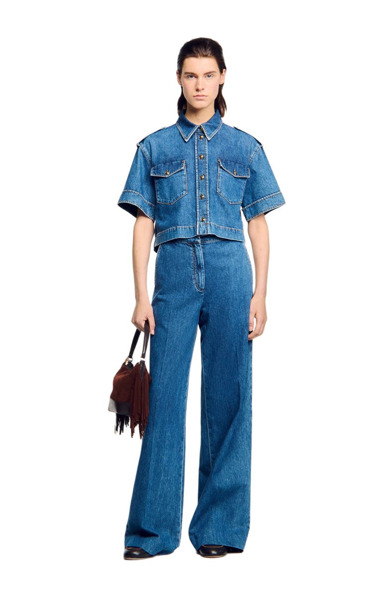 SANDRO Cropped denim shirt, Alternate, color, Blue Jean