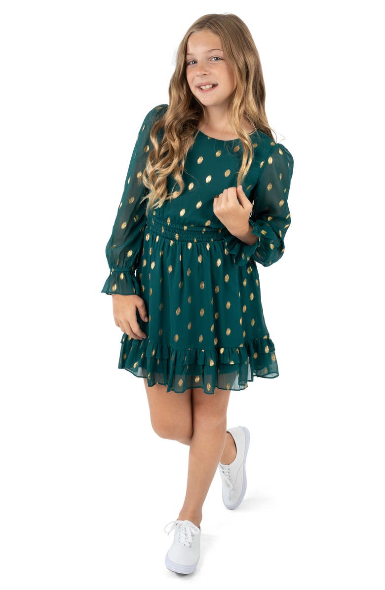 Rare Editions Kids' Foil Dot Long Sleeve Chiffon Dress, Alternate, color, Hunter