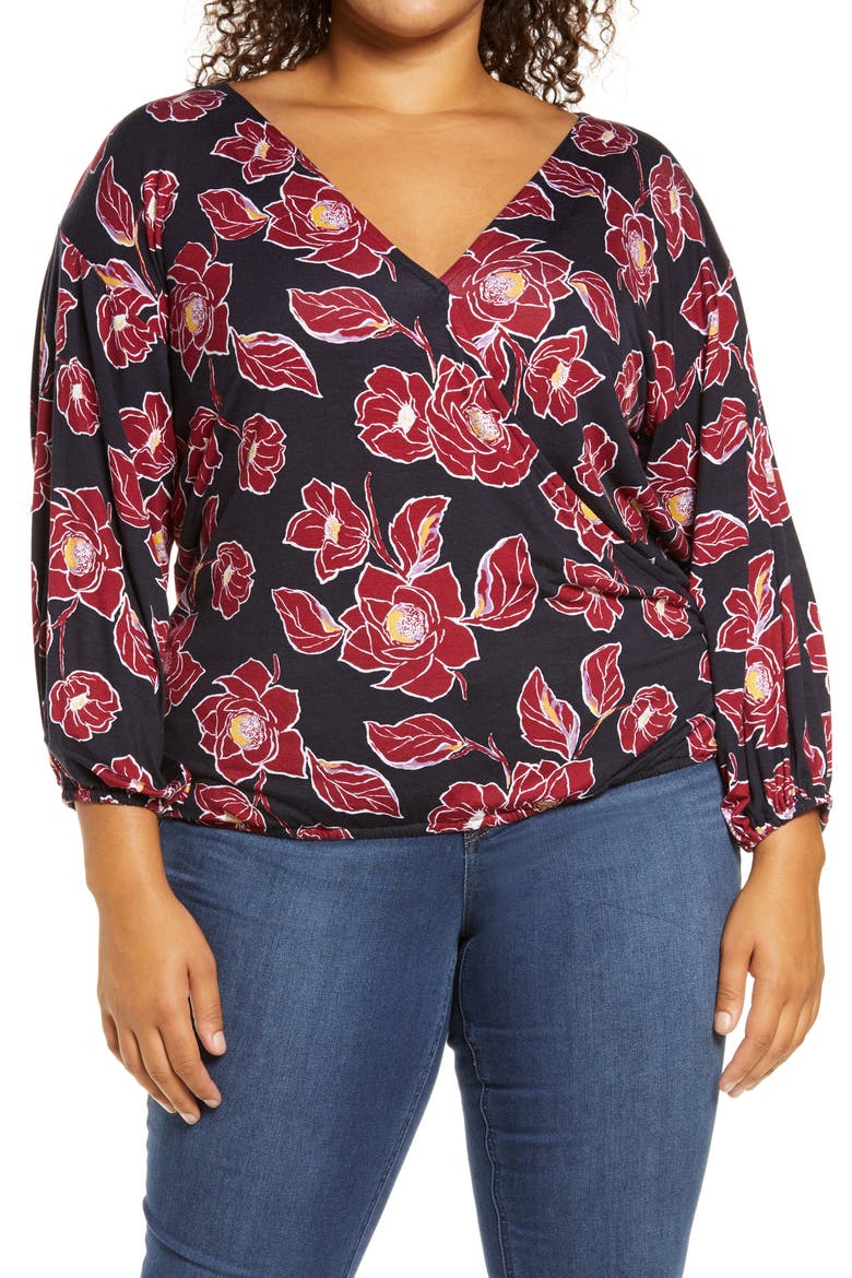 Wrap Front Blouson Top, Main, color, NAVY/ BURGUNDY