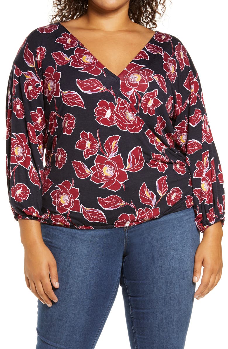 Loveappella Wrap Front Blouson Top, Main, color, 