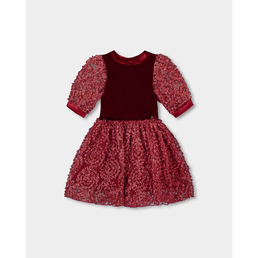 Deux Par Deux Puff Sleeve Bi-material Velour And Lace Dress In Red