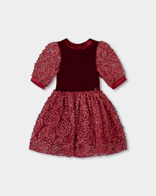 Deux Par Deux Puff Sleeve Bi-material Velour And Lace Dress In Red