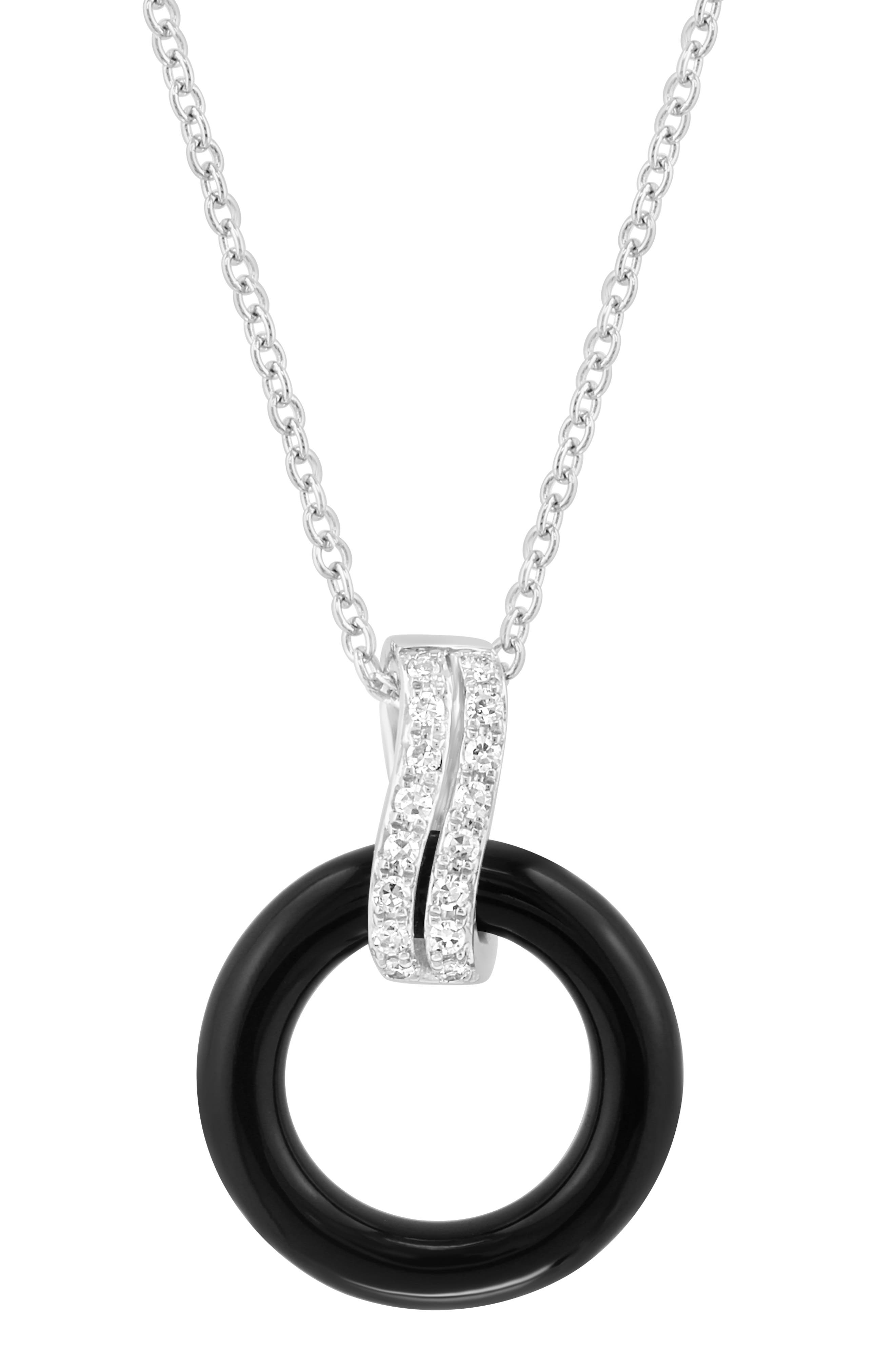 Sterling Silver Diamond & Onyx Circle Pendant Necklace