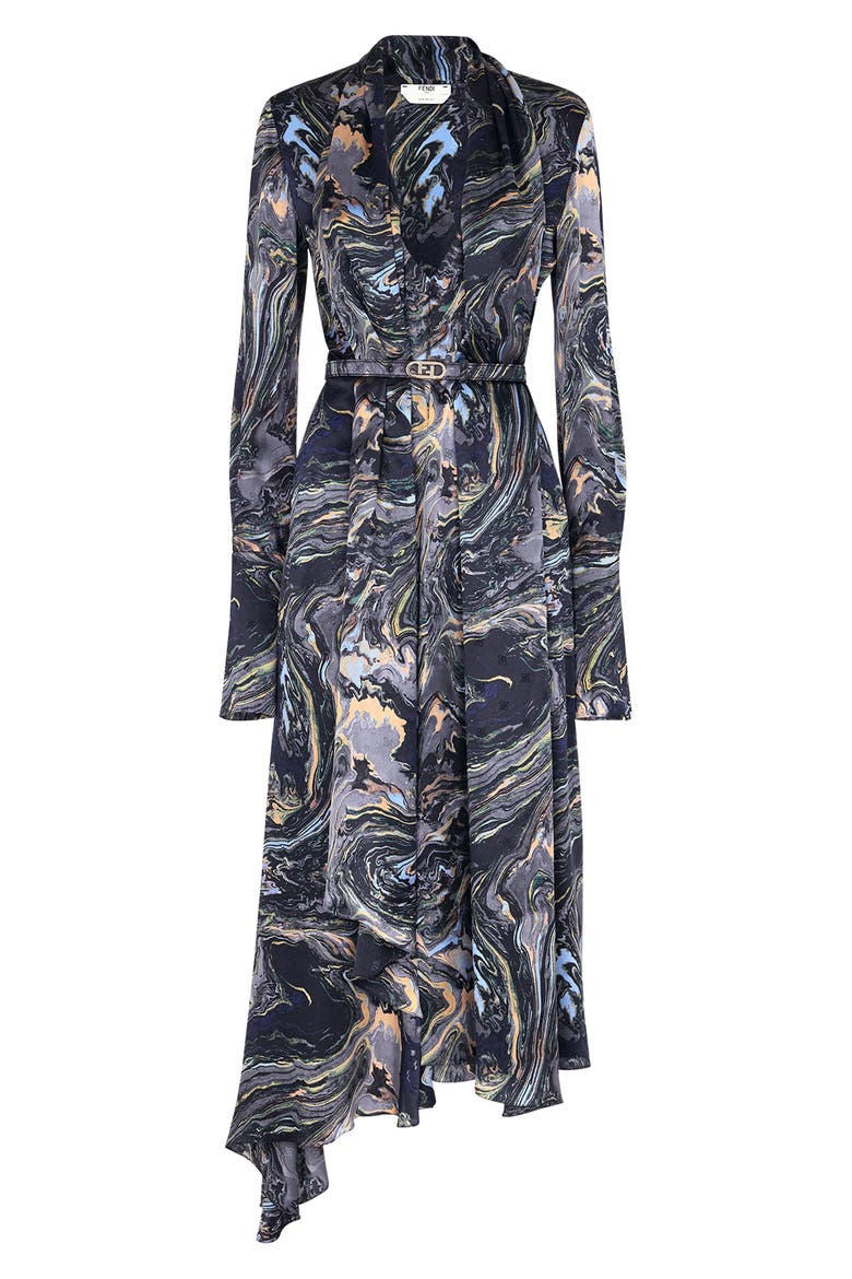 Karligraphy Marble Print Asymmetric Long Sleeve Crepe Satin Dress, Main, color, ARIZONA