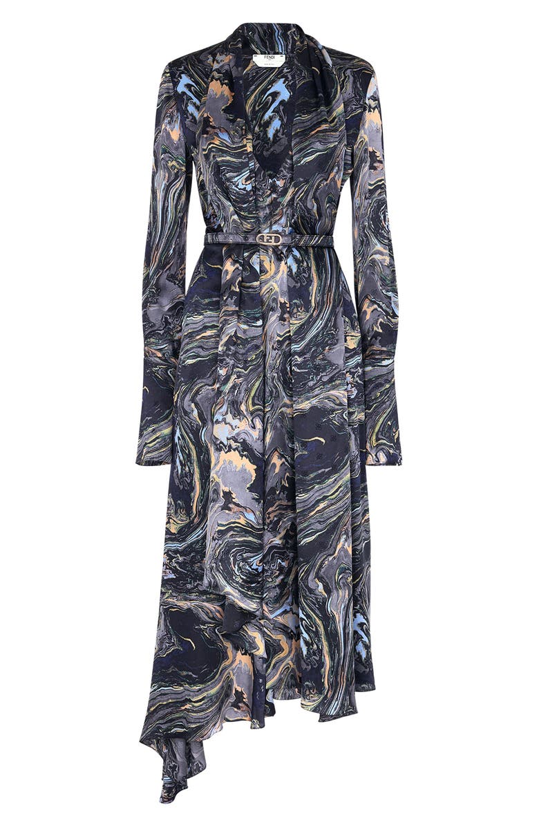 Fendi Karligraphy Marble Print Asymmetric Long Sleeve Crepe Satin Dress, Main, color, 