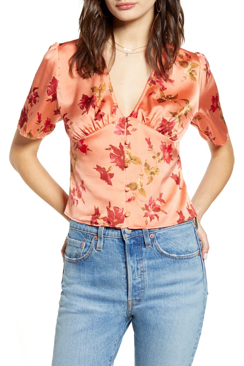 Button-Up Satin Top, Main, color, CORAL CLAY CLASSIC SILK FLORAL