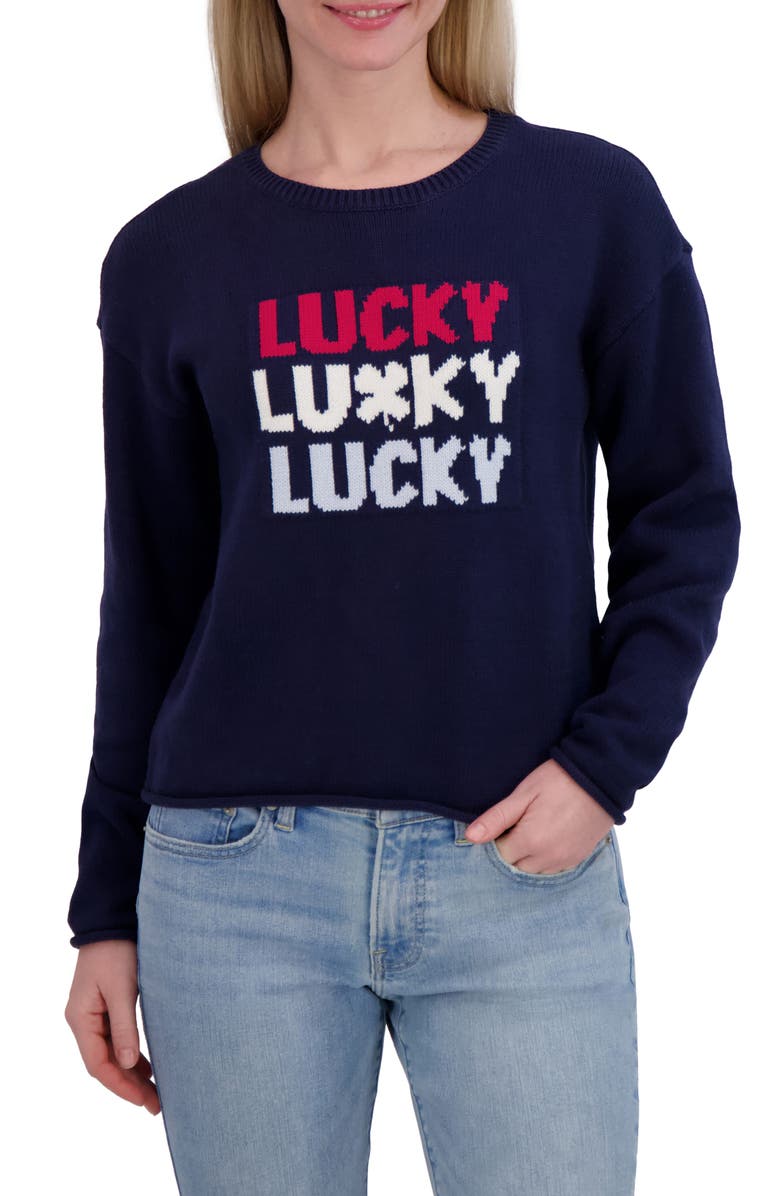 Lucky Brand Americana Crewneck Sweater, Main, color, Black Iris