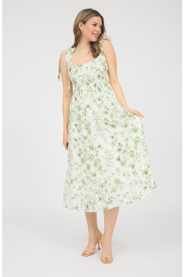 Shoulder Tie Floral Midi Dress, Alternate, color, OLIVE MULTI