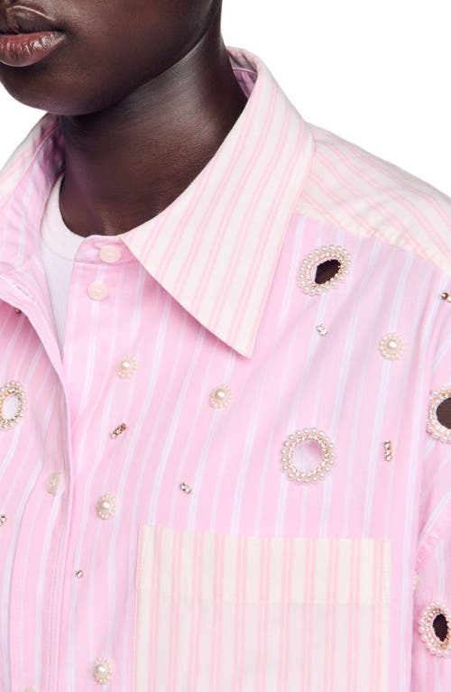 Sandro Womens Roses Embellished Striped Cotton Shirt In Pink