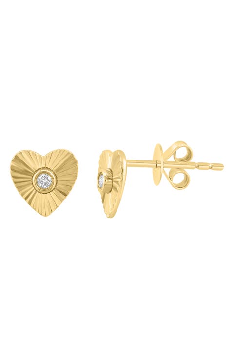 14K Yellow Gold Diamond Heart Stud Earrings