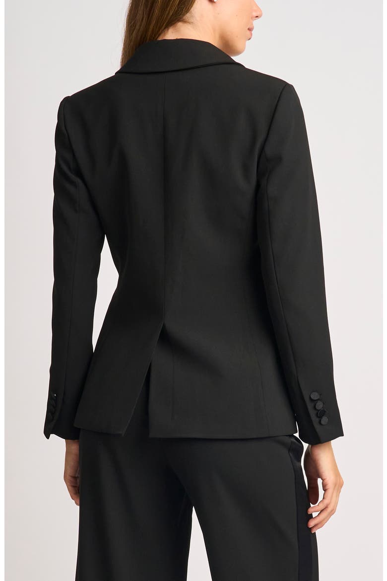 Satin Trim Double Breasted Blazer, Alternate, color, RICH BLACK
