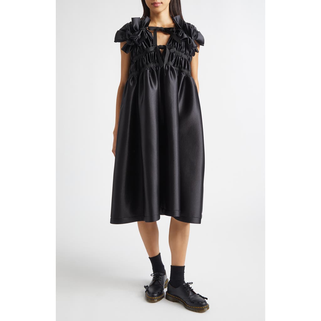 Tao Comme Des Garçons Bow Detail Shirred Tricot Midi Dress In Black