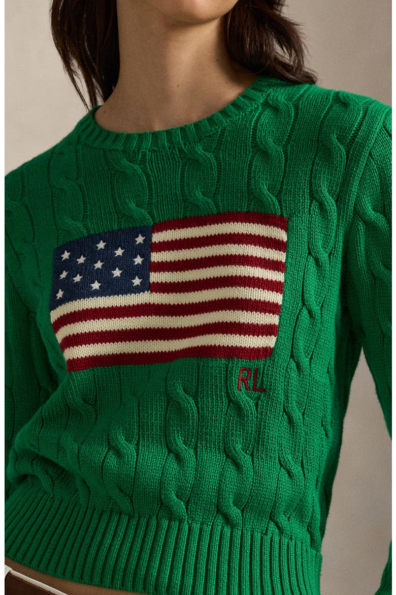 Flag Intarsia Cable Stitch Crewneck Sweater, Alternate, color, BILLIARD