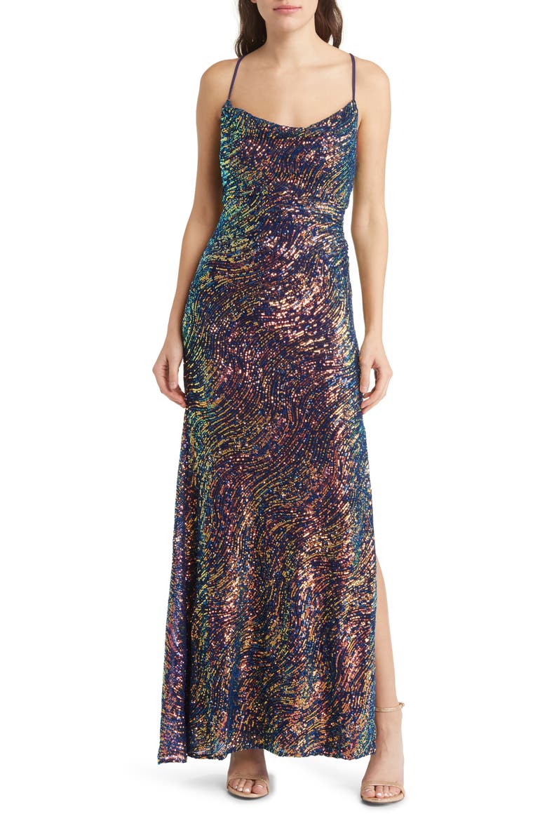 Rainbow Swirl Sequin Gown, Main, color, NAVY