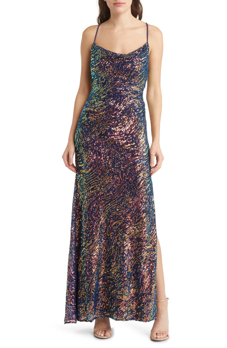 Morgan & Co. Rainbow Swirl Sequin Gown, Main, color, 