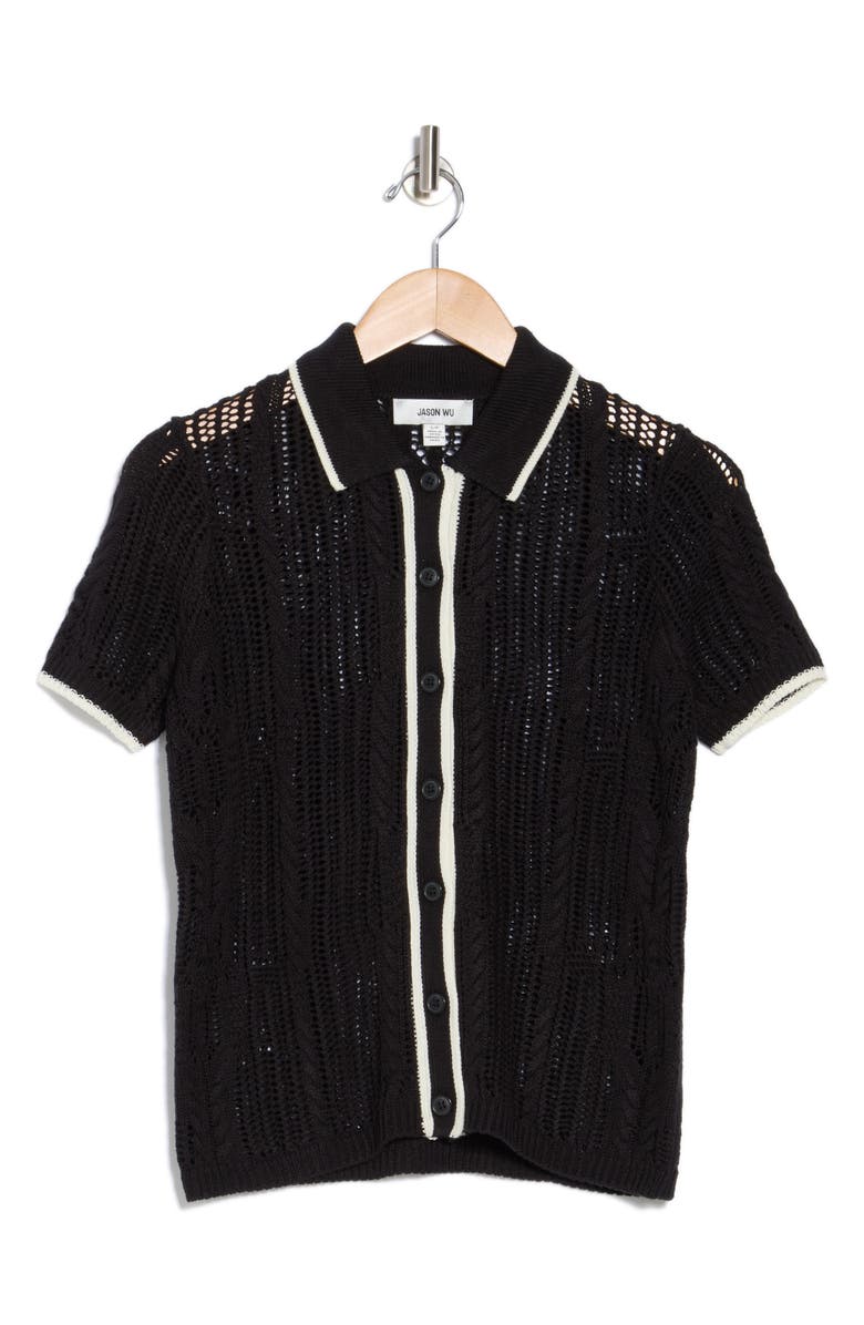 JASON WU Stripe Short Sleeve Open <br />knit <br />Stripe Short Sleeve Knit Button-Up Shirt, Alternate, color, Black/ Ivory