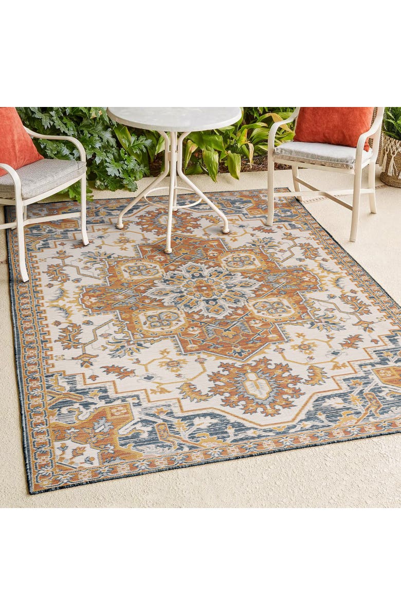 JONATHAN Y Bijan Traditional Vintage Medallion Reversible Machine-Washable Indoor/Outdoor Area Rug, Alternate, color, Terra/Blue/Cream