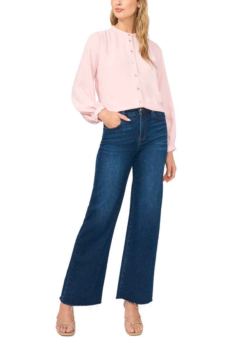 Shirred Mock Neck Button-Up Shirt, Alternate, color, PINK CLOUD