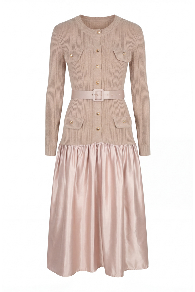 Ribbed Knit and Satin Midi Dress, Alternate, color, Blush Pink