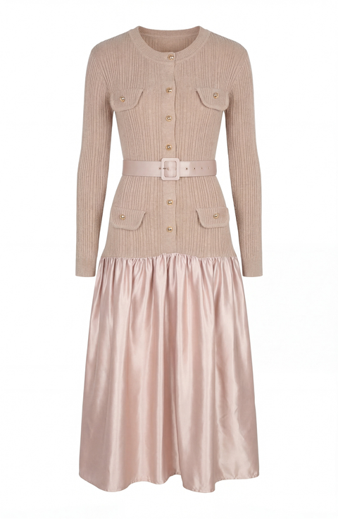 Ribbed Knit and Satin Midi Dress