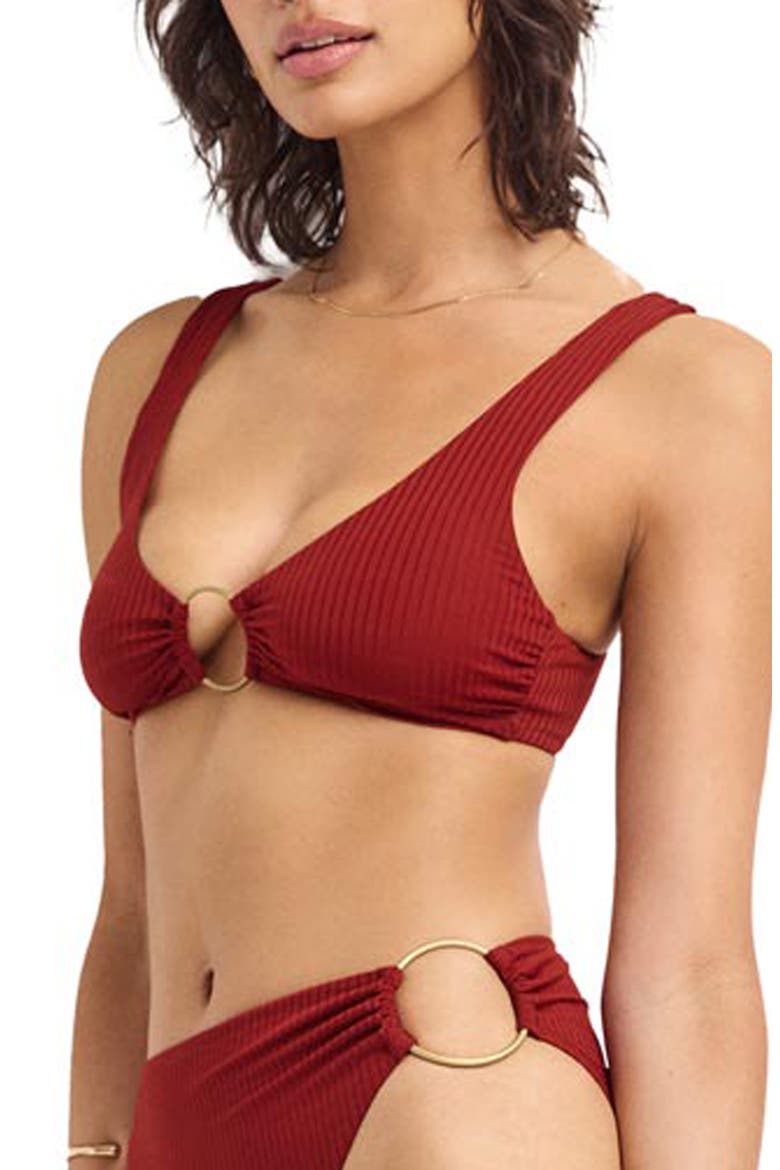 Skylar Ring Detail Rib Bikini Top, Alternate, color, DEEP MADDER