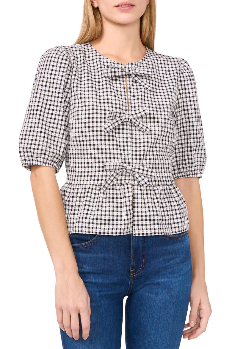 Gingham Bow Front Cotton Peplum Top, Main, color, RICH BLACK