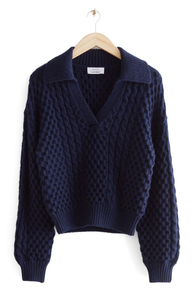Cable Knit Merino Wool Polo Sweater, Alternate, color, NAVY