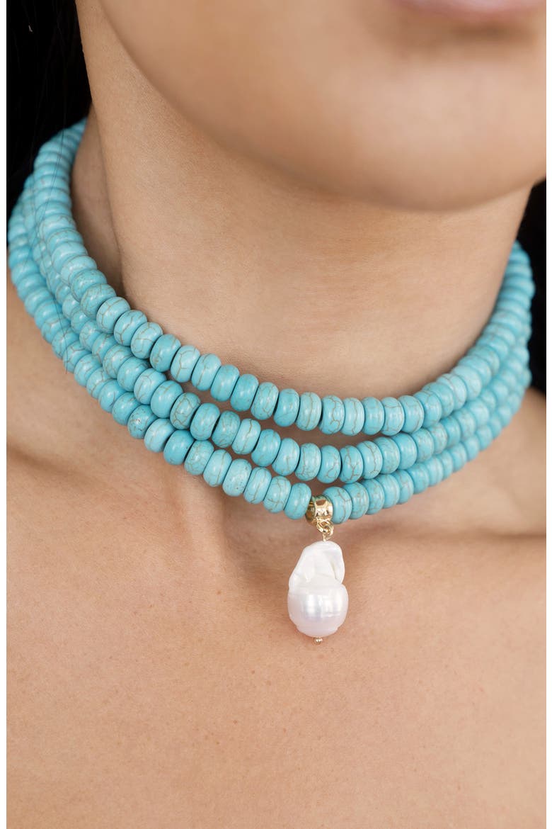 Triple Strand Turquoise & Freshwater Pearl Pendant Necklace, Alternate, color, TURQUOISE