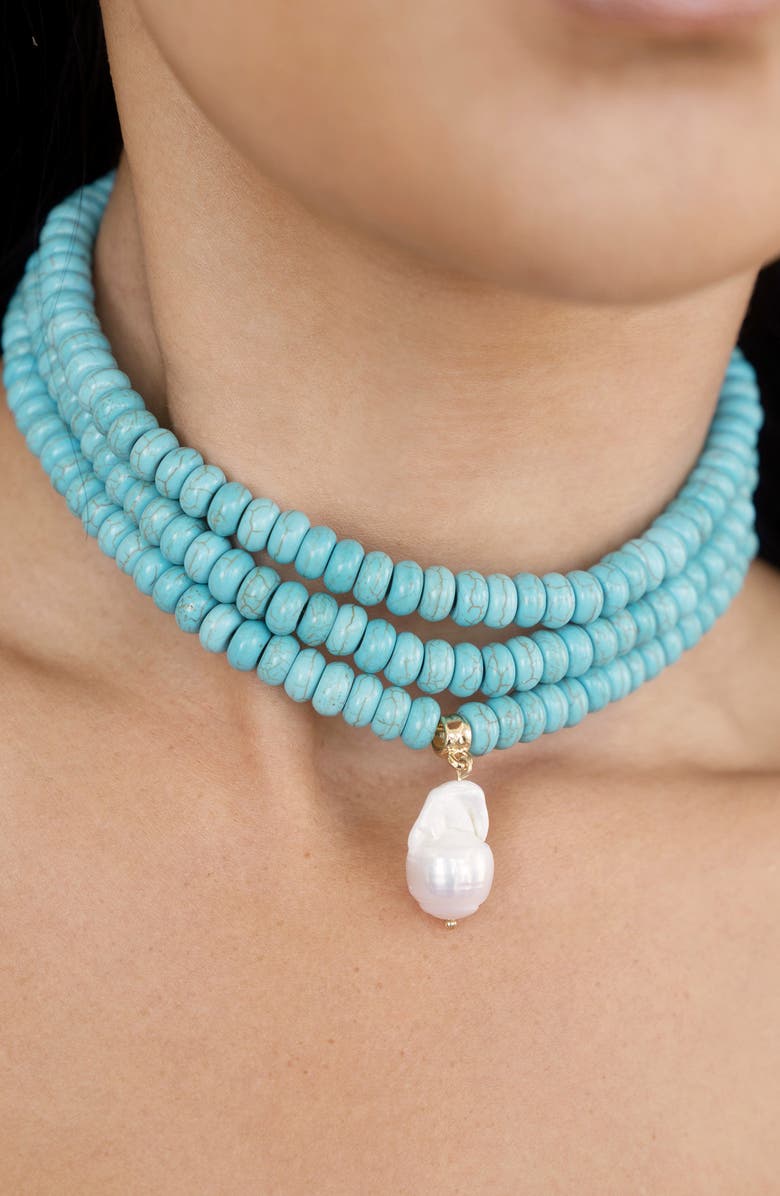 Ettika Triple Strand Turquoise & Freshwater Pearl Pendant Necklace, Alternate, color, 
